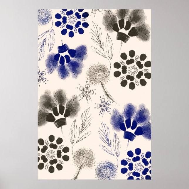 Blue Lotus Blommigt Teckning Poster (Framsidan)