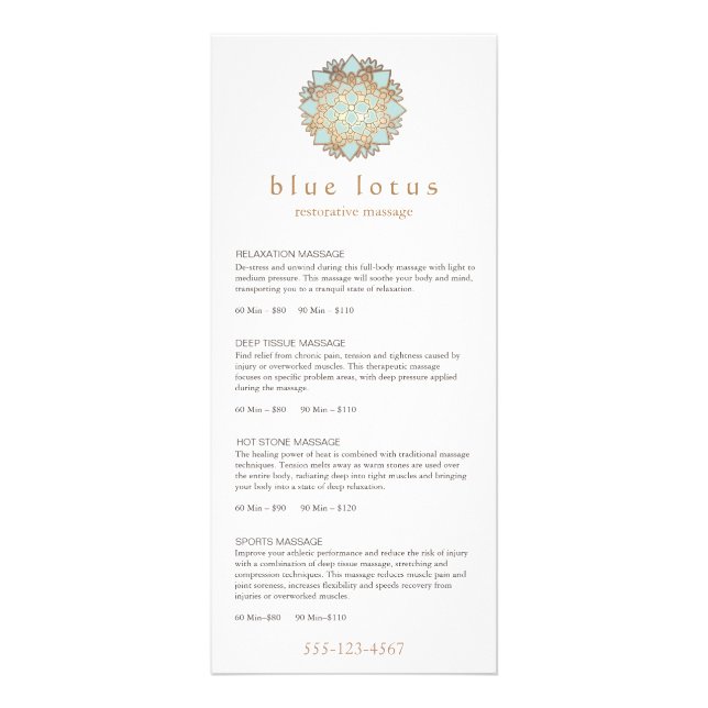 Blue Lotus Massage Therapist Pris List Menu Reklamkort (Framsidan)