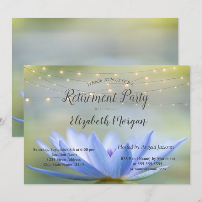 Blue Lotus String Ljus Pension Party Inbjudningar (Fram/baksida)