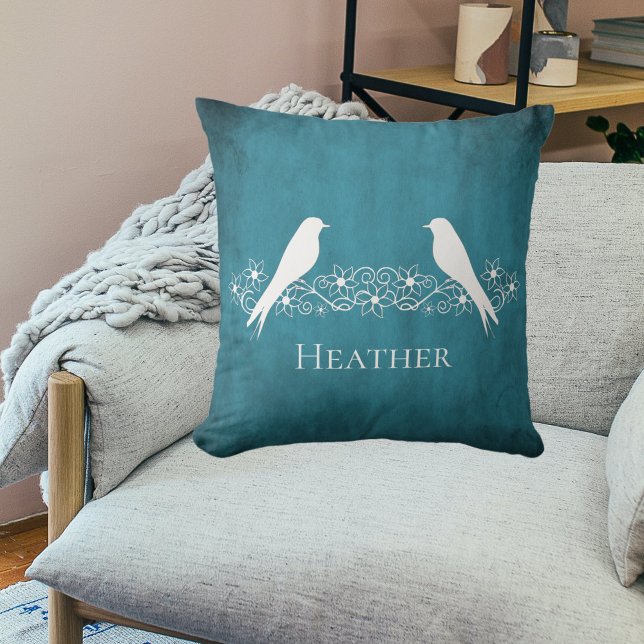 Blue Lovebird Blommigt Vine Dekorativ kudde (Blue Lovebirds Floral Vine Throw Pillow)