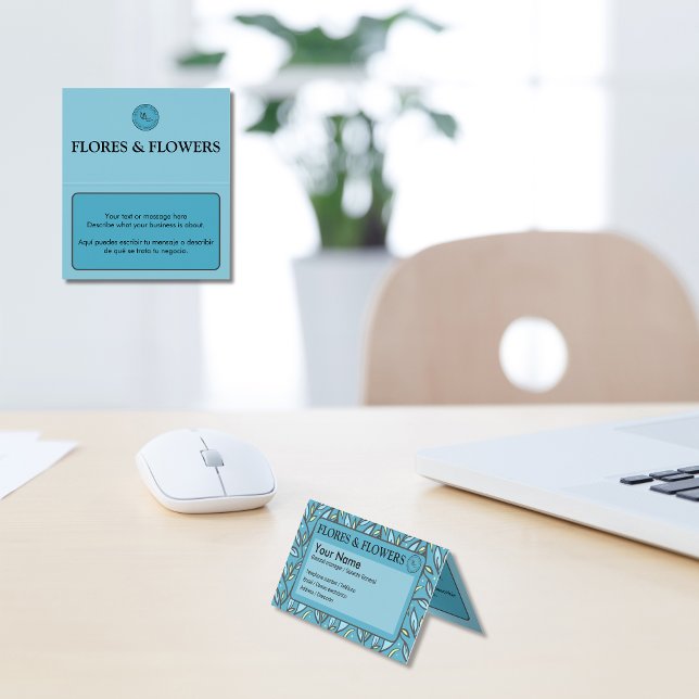 Blue Lövs Bilingual Foled Visitkort (Blue turquoise leaves business card, bilingual editable text Spanish, tarjeta multilingual project)