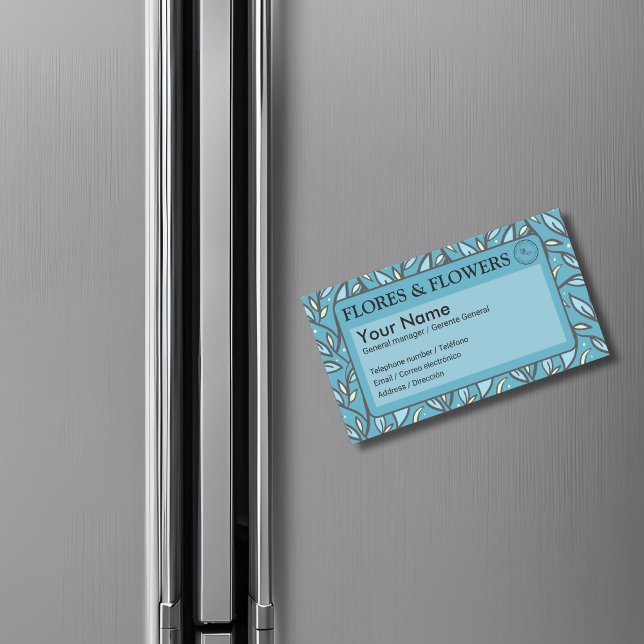 Blue Lövs Bilingual Magnetiska Visitkort (Blue leaves business card Spanish, personalized text. tajetas comerciales magneticas multilingual)
