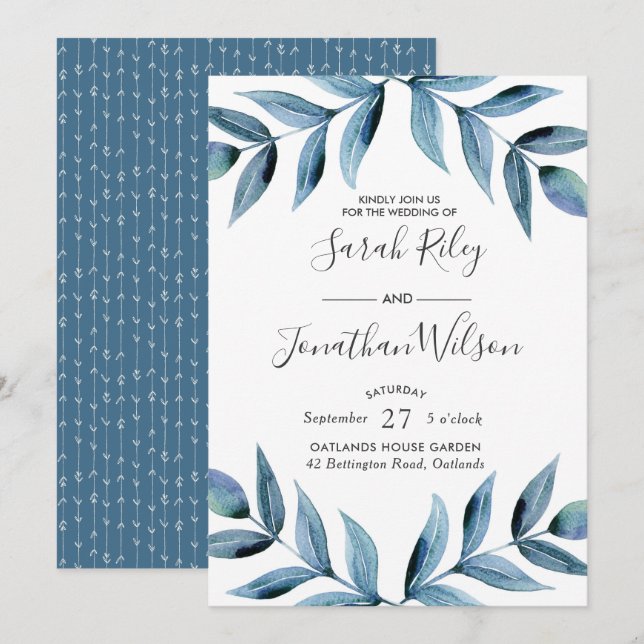 Blue lövs lövs bröllopsinbjudan inbjudningar (Fram/baksida)