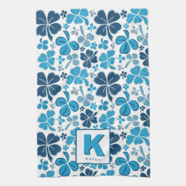 Blue Lucky Shamrock Klöver Mönster Monogrammed Kökshandduk