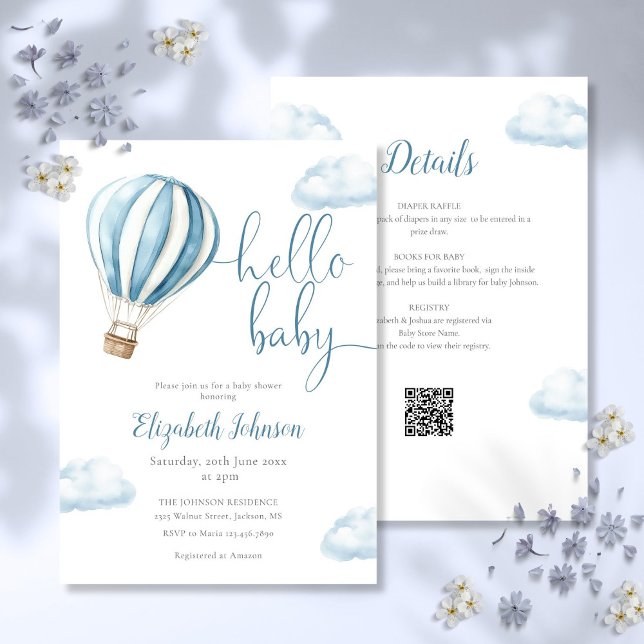 Blue Luftballong Boy alla i en babyåda Inbjudningar (Blue Hot Air Balloon Boy All In One Baby Shower Invitation)
