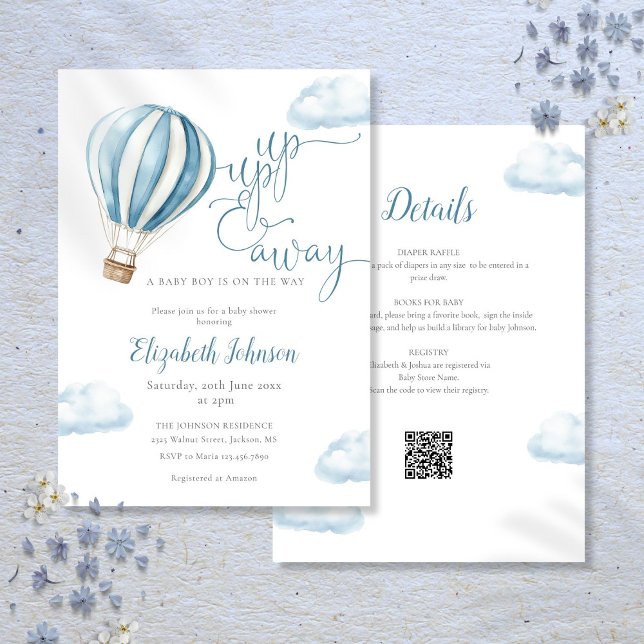 Blue Luftballong Boy alla i en babyåda Inbjudningar (Blue Hot Air Balloon Boy All In One Baby Shower Invitation)
