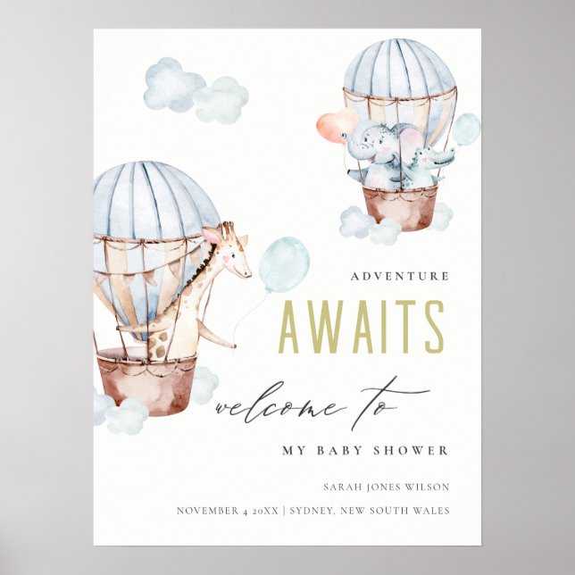 Blue Luftballong Safari Animals Baby Shower Poster (Framsidan)