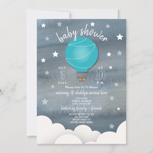 Blue Luftballong + Stars Boy Baby Shower Inbjudningar (Framsida)