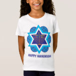 Blue Lycklig Hanukkah T Shirt<br><div class="desc">Lycklig Hanukkah i blå skuggor med gult menorah och David stjärna i bakgrunden. Färgljus. Underbar som gåva. Önskar lycklig Hanukkah!</div>