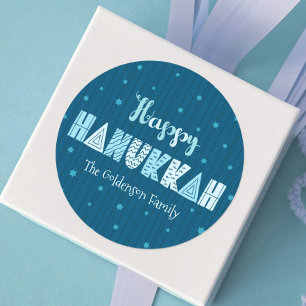 Blue Lycklig Hanukkah Typography Star David Namn Runt Klistermärke