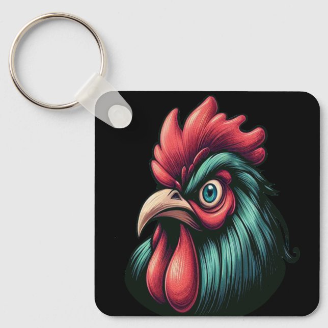 "Blue Mad Blue Rooster" Aluminum Keychain Nyckelring (Framsida)