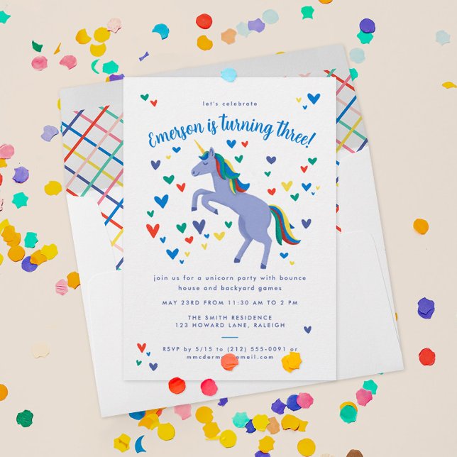 Blue Magic Rainbow Unicorn Birthday Inbjudningar (this magical birthday party invitation has a pastel blue unicorn custom text and lots of hearts)