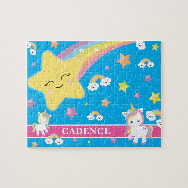 Blue Magic Rainbow Unicorn Personlig Kids Pussel (Horisontell)