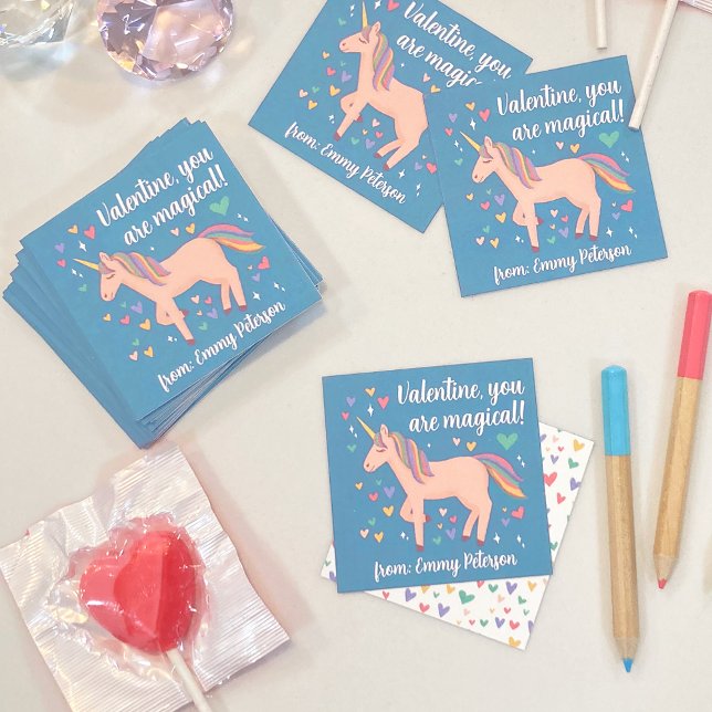 Blue Magic Unicorn Kids Classroom Valentine Card Anteckningskort (Skapare uppladdad)