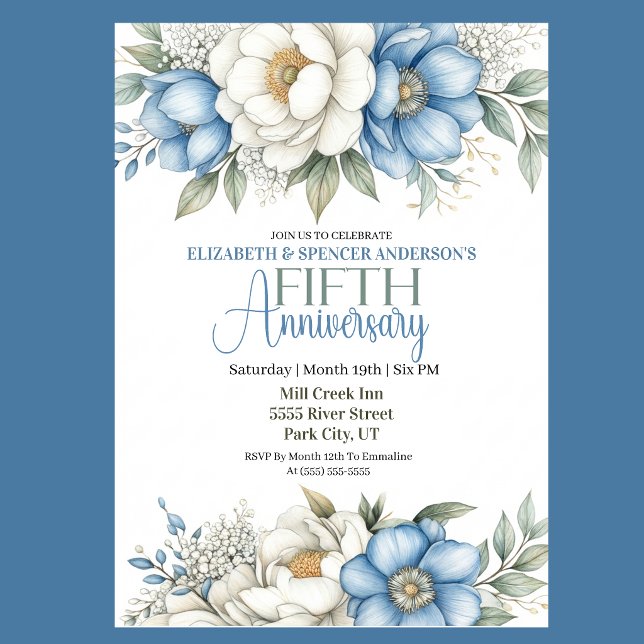 Blue Magnolia and Peony 5th Wedding Anniversary Inbjudningar (Blue and ivory floral 5th wedding anniversary invitation)