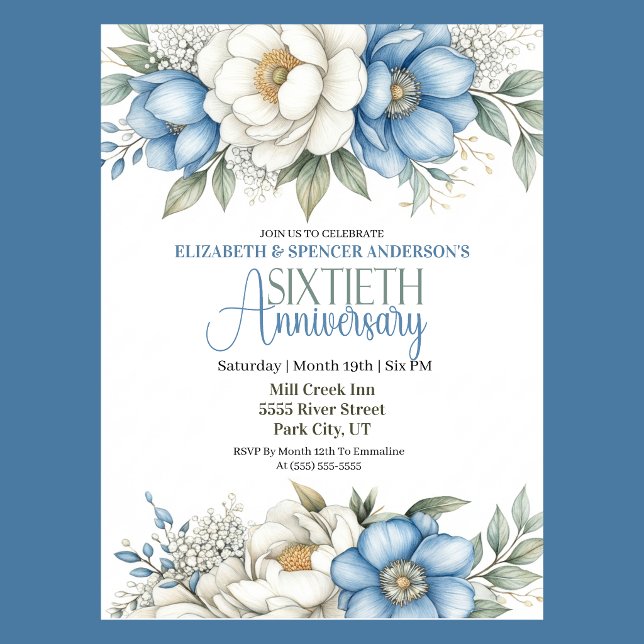 Blue Magnolia and Peony 60th Wedding Anniversary Inbjudningar (Blue and white magnolia and peony floral 60th wedding anniversary invitation )