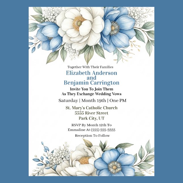 Blue Magnolia and Peony Flower Wedding Inbjudningar (Blue and white magnolia and peony floral wedding invitation with elegant botanical design
)