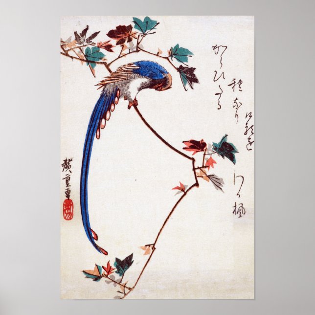 Blue Magpie on Maple Gren by Hiroshige Poster (Framsidan)