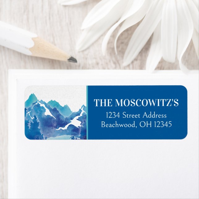 Blue Majestic Mountain Pub Mitzvah Adress Returadress Etikett (Insitu)