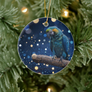 Blue Majesty: Blue Macaw on Dreamy Blue Bokeh, Julgransprydnad Keramik