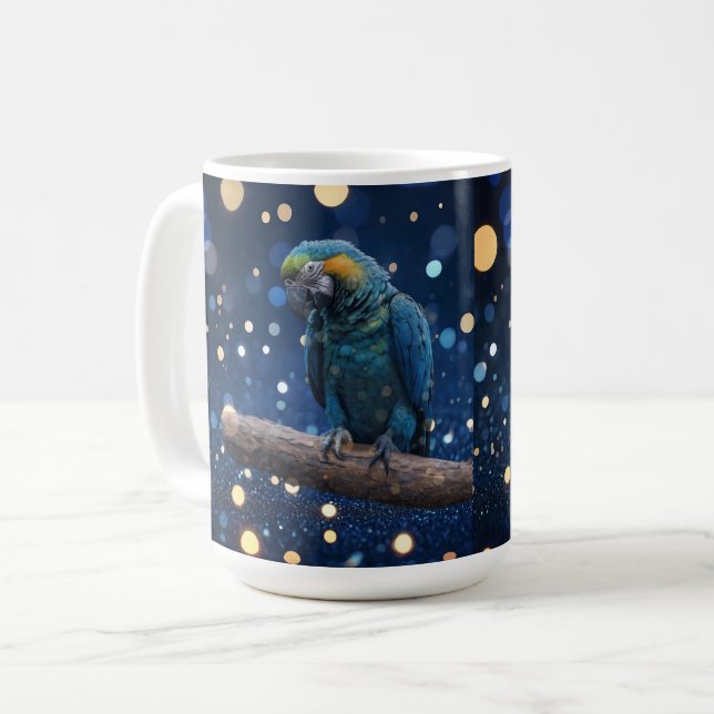 Blue Majesty: Blue Macaw on Dreamy Blue Bokeh, Kaffemugg (Framsida vänster)