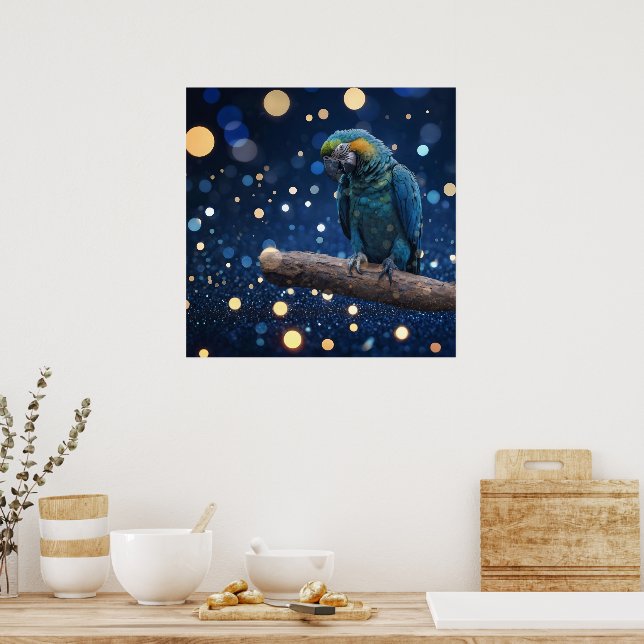 Blue Majesty: Blue Macaw on Dreamy Blue Bokeh, Poster (Kök)