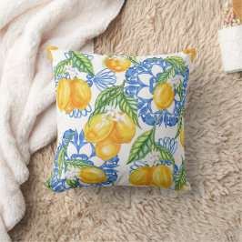 Blue Majolica Tile and Watercolor Lemons Kudde