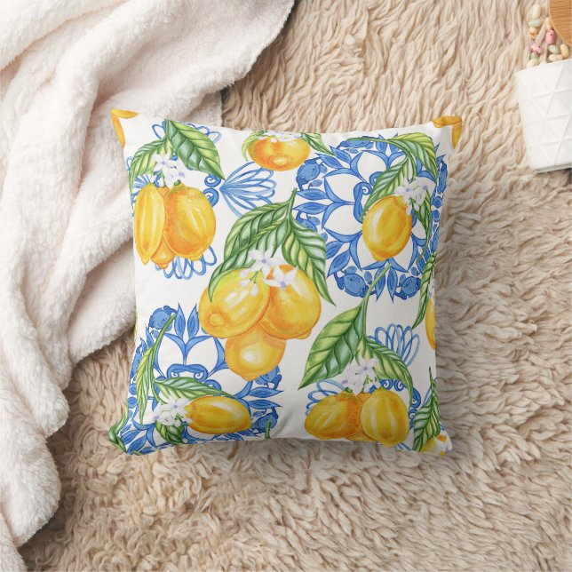 Blue Majolica Tile and Watercolor Lemons Kudde (Filt)