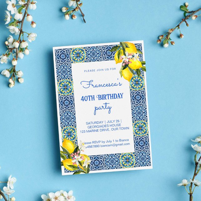 Blue Majolica Tiles Citons Medelhavsfödelsedag Inbjudningar (Blue Majolica Tiles lemons Mediterranean themed birthday Invitation template instant download)