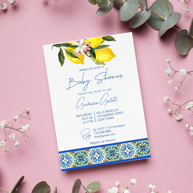 Blue Majolica Tiles Lemons Mediterranean Baby Show Inbjudningar (Blue tiles and lemons Baby Shower Invitation Front)