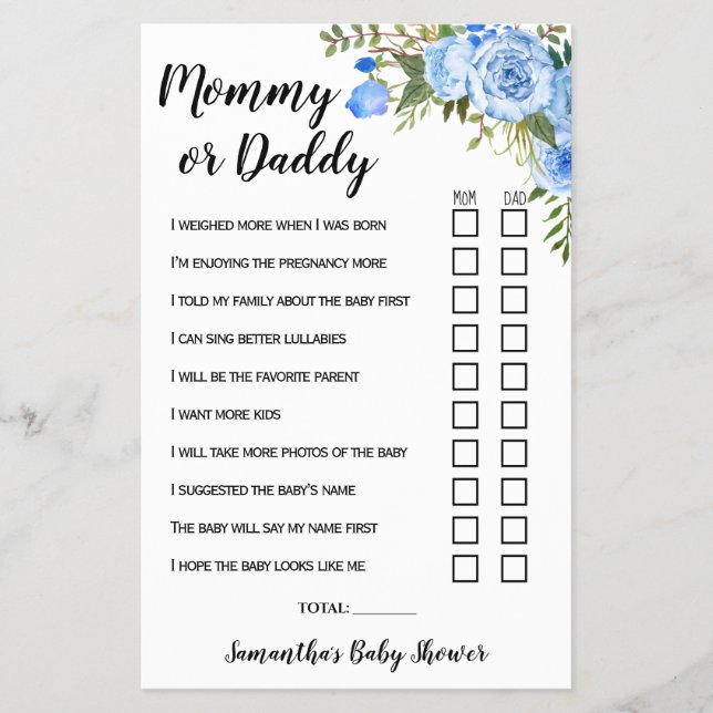 Blue Mamma eller Pappa, sa hon babyvisaren Game Ca Flygblad (Framsidan)