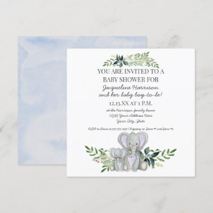 Blue Mamma n Baby Elephant w Foliage Boy Shower Inbjudningar