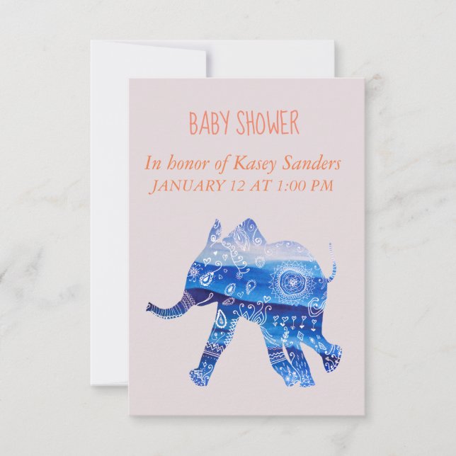 Blue Mandala baby Elephant Baby-duschinbjudan Inbjudningar (Framsida)