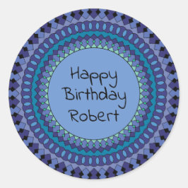 Blue Mandala Födelsedagsfest Add Namn Runt Klistermärke