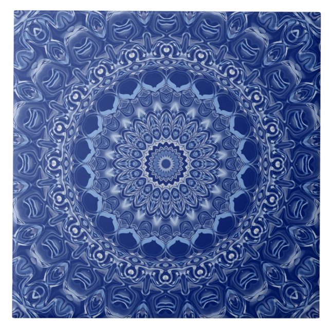 Blue Mandala Mönster med Starburst Symmetry Kakelplatta (Framsidan)