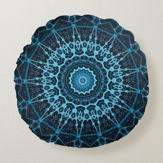 Blue Mandala Net Retro Hippie Trippy Boho Chic Rund Kudde (Framsidan)