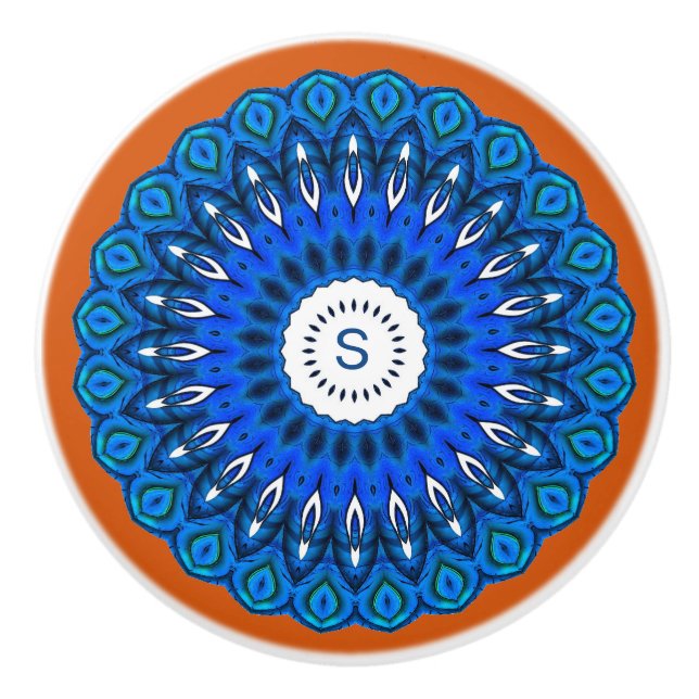Blue Mandala på Mörk Peach med initial låda Knopp (Framsidan)