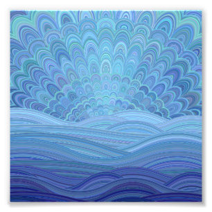 Blue Mandala Sunset vid oceanen Fototryck