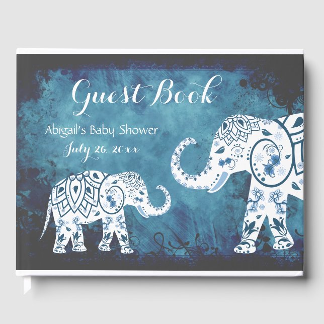 Blue Mandalas on White Elephants Boy's Baby Shower Gästböcker (Framsida)