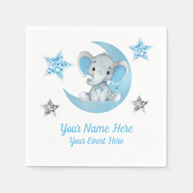 Blue måne Elephant Napkins Baby Shower Birthday Pappersservett (Framsidan)