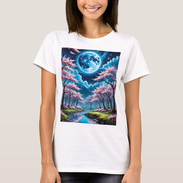 Blue Måne Fantasy Enchanted Cherry Blommar Tee (Framsida)