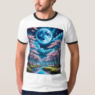 Blue Måne och Cherry Blommar Tshirt Art T Shirt