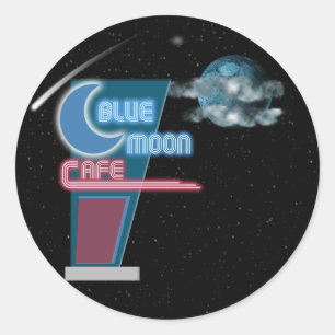 Blue Måne Retro Cafe Runt Klistermärke