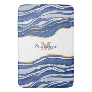 Blue Marble Agate Guld Glitter Monogram Badrumsmatta