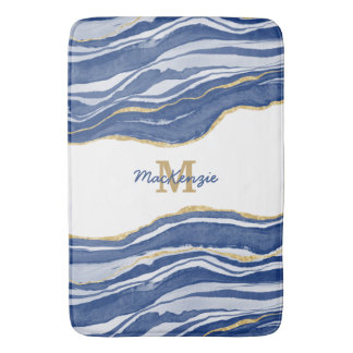 Blue Marble Agate Guld Glitter Monogram Badrumsmatta