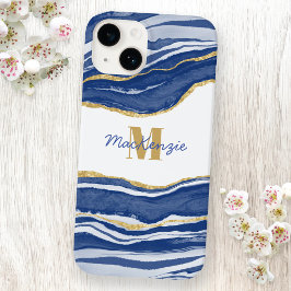 Blue Marble Agate Guld Glitter Monogram Namn