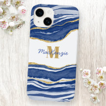 Blue Marble Agate Guld Glitter Monogram Namn