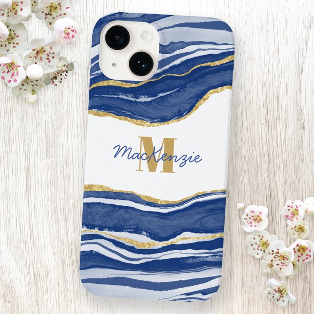 Blue Marble Agate Guld Glitter Monogram Namn (Skapare uppladdad)