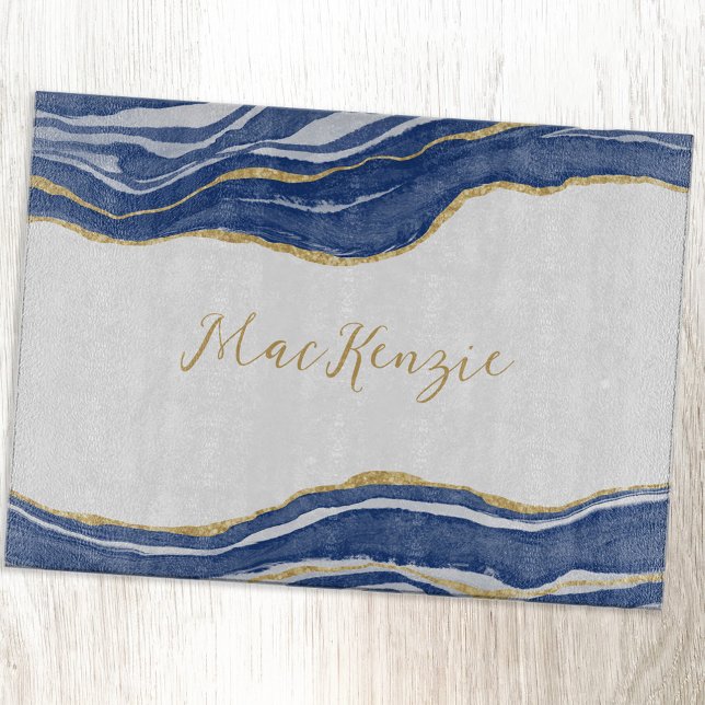 Blue Marble Agate Guld Glitter Personlig (Blue agate marble watercolor personalized gold script cutting board)