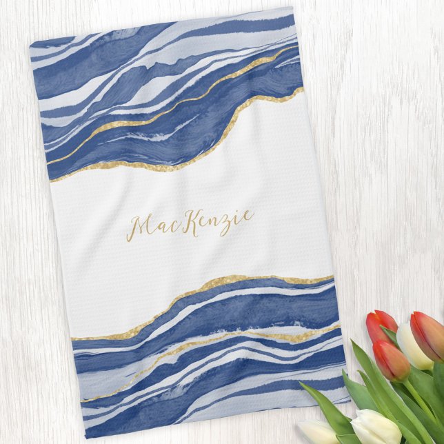 Blue Marble Agate Guld Glitter Personlig Kökshandduk (Blue agate marble watercolor personalized name kitchen towel)